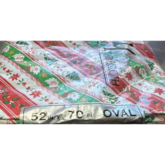 Vintage Holiday Flannel Back Tablecloth Oval 52x70 Christmas Holly Trees Striped - Picture 3 of 7